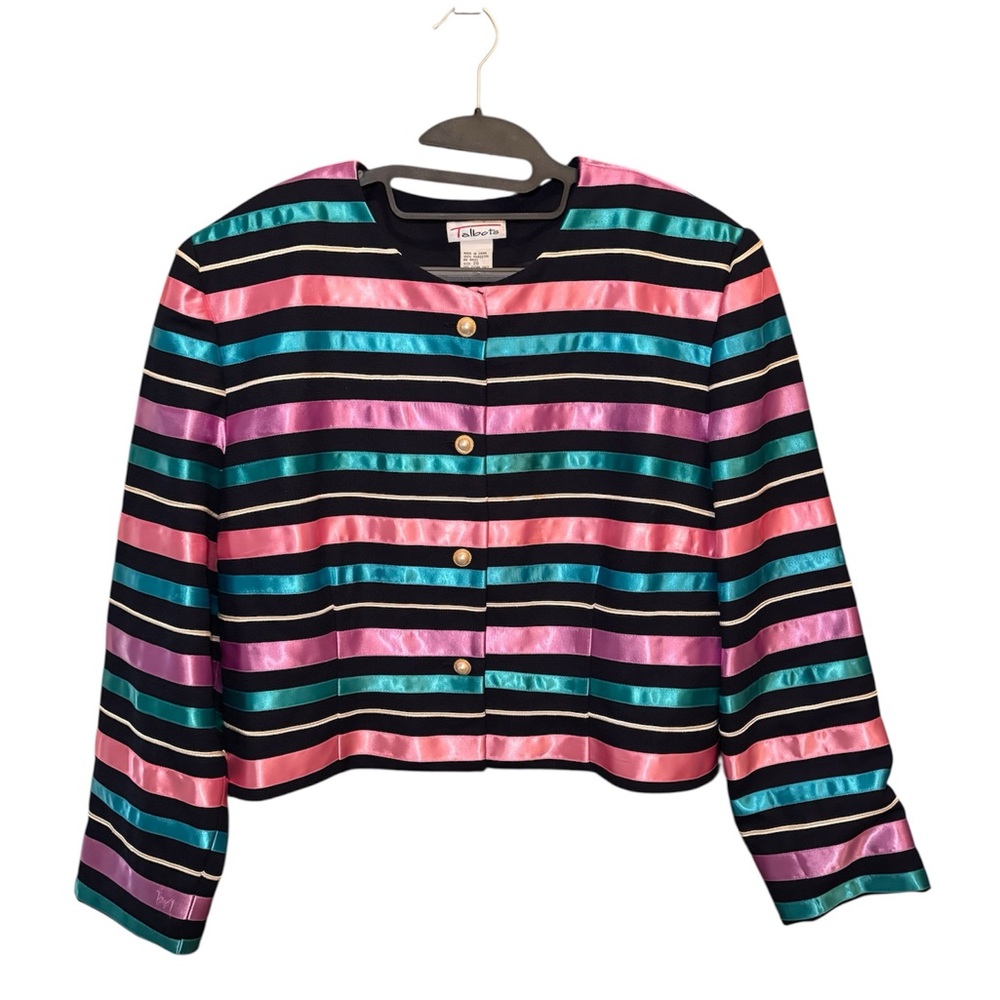 Vtg 80s 90s TALBOTS Striped Ribbon Bolero Jacket Cropped Silk Satin Jewel Tone